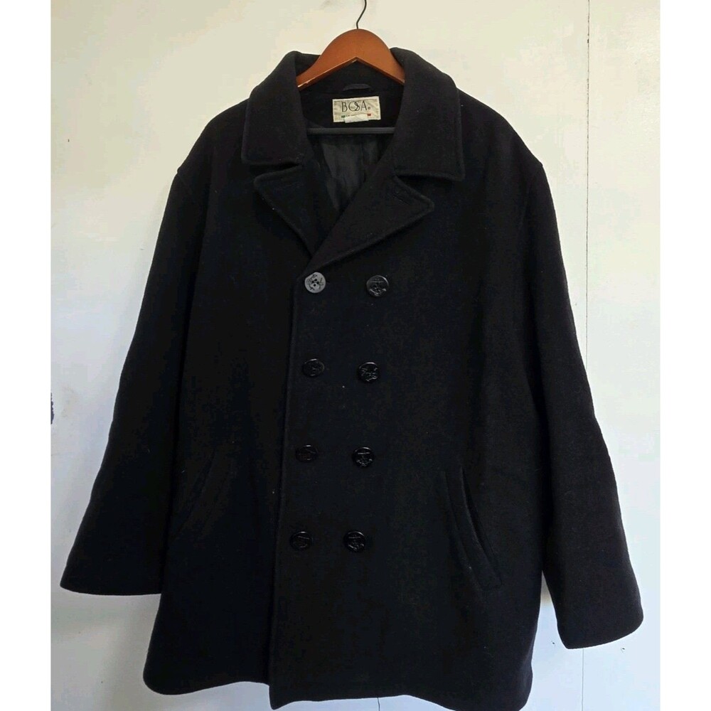 Vintage Bosa Coat Mens Large Black 100% Wool Overcoat Peacoat Old Money Preppy